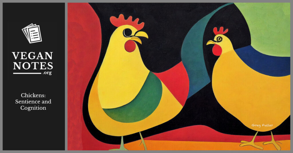 Expressionist painting of two chickens.